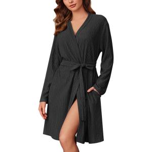 imageEkouaer Robes for Women Short Knit Bathrobe Lightweight Kimono Robe Knee Length Loungewear SXXLBlack