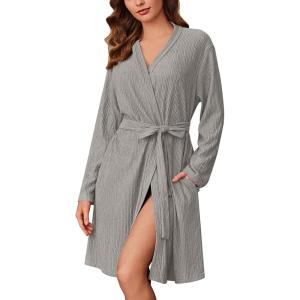 imageEkouaer Robes for Women Short Knit Bathrobe Lightweight Kimono Robe Knee Length Loungewear SXXLLight Grey