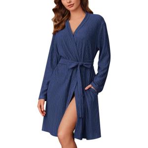 imageEkouaer Robes for Women Short Knit Bathrobe Lightweight Kimono Robe Knee Length Loungewear SXXLNavy Blue