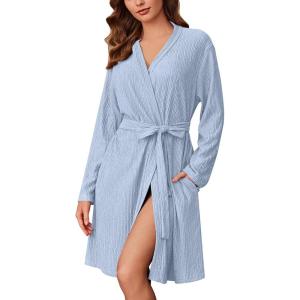 imageEkouaer Robes for Women Short Knit Bathrobe Lightweight Kimono Robe Knee Length Loungewear SXXLPale Blue