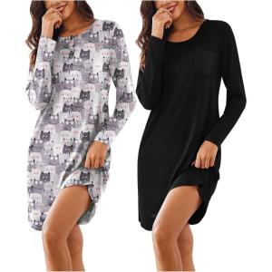 imageEkouaer Womens 2 Pack Sleepshirt Dress Comfortable Nightshirt Nightgown Long Sleeve Button Down SleepwearBlack cat Print