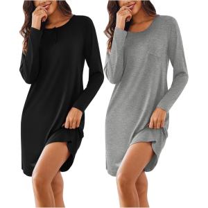 imageEkouaer Womens 2 Pack Sleepshirt Dress Comfortable Nightshirt Nightgown Long Sleeve Button Down SleepwearBlack grey