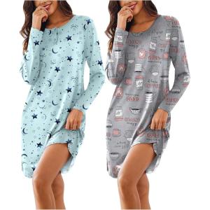 imageEkouaer Womens 2 Pack Sleepshirt Dress Comfortable Nightshirt Nightgown Long Sleeve Button Down SleepwearCoffee star Print