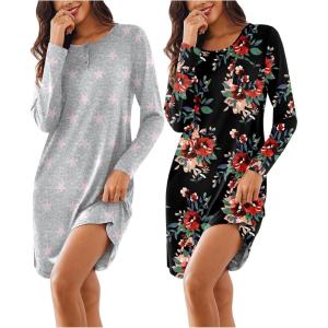 imageEkouaer Womens 2 Pack Sleepshirt Dress Comfortable Nightshirt Nightgown Long Sleeve Button Down SleepwearFlowers stars