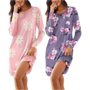 imageEkouaer Womens 2 Pack Sleepshirt Dress Comfortable Nightshirt Nightgown Long Sleeve Button Down SleepwearGrey Floral pink Floral