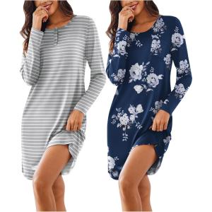 imageEkouaer Womens 2 Pack Sleepshirt Dress Comfortable Nightshirt Nightgown Long Sleeve Button Down SleepwearGrey Stripe flower