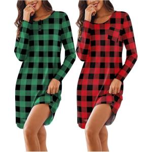 imageEkouaer Womens 2 Pack Sleepshirt Dress Comfortable Nightshirt Nightgown Long Sleeve Button Down SleepwearRed Plaid green Plaid