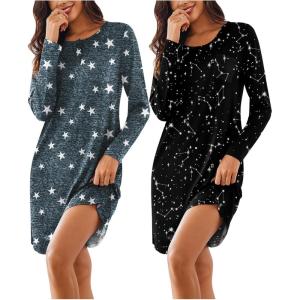 imageEkouaer Womens 2 Pack Sleepshirt Dress Comfortable Nightshirt Nightgown Long Sleeve Button Down SleepwearStar constellation