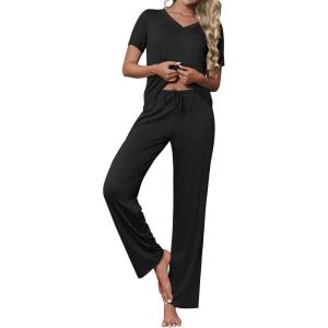 imageEkouaer Womens Pajamas Set Soft 2 Piece Lounge Sets Vneck Sleepwear Short Sleeve Top Pants with PocketsBlack