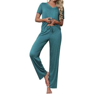 imageEkouaer Womens Pajamas Set Soft 2 Piece Lounge Sets Vneck Sleepwear Short Sleeve Top Pants with PocketsBlue Green