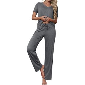 imageEkouaer Womens Pajamas Set Soft 2 Piece Lounge Sets Vneck Sleepwear Short Sleeve Top Pants with PocketsMedium Gray