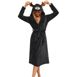 imageEkouaer Womens Robe Cute Animal Bathrobes Full Length Soft House Coat with Hood for Adult SXXLBlack Elk