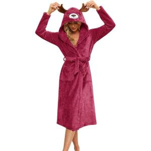 imageEkouaer Womens Robe Cute Animal Bathrobes Full Length Soft House Coat with Hood for Adult SXXLWine Red Elk