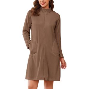 imageEkouaer Womens Zipper Robes Long Sleeves Bathobe Soft House Coat Sleepwear Knee Length Loungewear with Pockets SXXLBrown