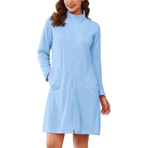 imageEkouaer Womens Zipper Robes Long Sleeves Bathobe Soft House Coat Sleepwear Knee Length Loungewear with Pockets SXXLLight Blue