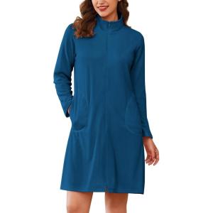 imageEkouaer Womens Zipper Robes Long Sleeves Bathobe Soft House Coat Sleepwear Knee Length Loungewear with Pockets SXXLNavy Blue