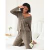 imageEkouaer Womens Pajama Sets Button Up Long Sleeve Pjs Ribbed Knit Soft Lounge Set 2 Piece Sleepwear with PocketsBrown