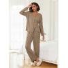 imageEkouaer Womens Pajama Sets Button Up Long Sleeve Pjs Ribbed Knit Soft Lounge Set 2 Piece Sleepwear with PocketsKhaki