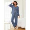 imageEkouaer Womens Pajama Sets Button Up Long Sleeve Pjs Ribbed Knit Soft Lounge Set 2 Piece Sleepwear with PocketsNavy