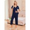 imageEkouaer Womens Pajama Sets Short Sleeve Sleepwear Button Up Pj Loungewear Top and Capri Pants with PocketsNavy Blue