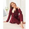 imageEkouaer Womens Ribbed Knit Pajama Sets 2 Piece Lounge Set Long Sleeve Button Down Pjs Sleepwear Set with PocketsWine Red