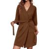 imageEkouaer Waffle Robes for Women Bathrobe Lightweight Knee Length 34 Sleeve Knit Bath Robes Female Loungewear with PocketsBrown