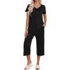 imageEkouaer Womens Pajama Sets Short Sleeve Sleepwear Button Up Pj Loungewear Top and Capri Pants with PocketsBlack