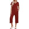 imageEkouaer Womens Pajama Sets Short Sleeve Sleepwear Button Up Pj Loungewear Top and Capri Pants with PocketsWine Red