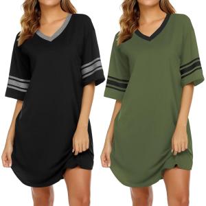 imageEkouaer Nightgowns for Women 2 Pack Sleepshirts Short Sleeve Nightshirt V Neck Sleepwear Casual Pajama DressBlackArmy Green