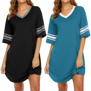 imageEkouaer Nightgowns for Women 2 Pack Sleepshirts Short Sleeve Nightshirt V Neck Sleepwear Casual Pajama DressBlackBlue Green