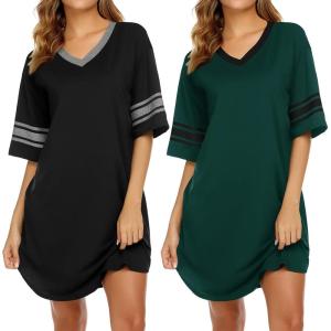 imageEkouaer Nightgowns for Women 2 Pack Sleepshirts Short Sleeve Nightshirt V Neck Sleepwear Casual Pajama DressBlackDark Green