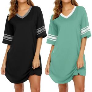 imageEkouaer Nightgowns for Women 2 Pack Sleepshirts Short Sleeve Nightshirt V Neck Sleepwear Casual Pajama DressBlackGrey Green