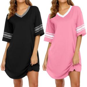 imageEkouaer Nightgowns for Women 2 Pack Sleepshirts Short Sleeve Nightshirt V Neck Sleepwear Casual Pajama DressBlackHot Pink