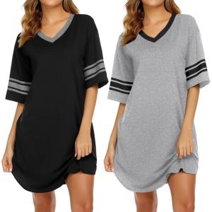 imageEkouaer Nightgowns for Women 2 Pack Sleepshirts Short Sleeve Nightshirt V Neck Sleepwear Casual Pajama DressBlackLight Grey