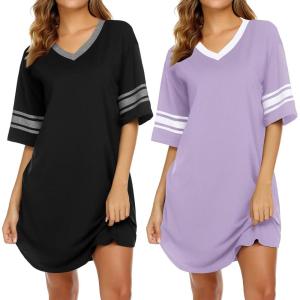 imageEkouaer Nightgowns for Women 2 Pack Sleepshirts Short Sleeve Nightshirt V Neck Sleepwear Casual Pajama DressBlackLilac