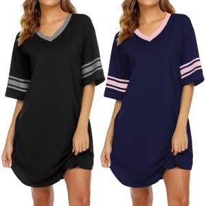 imageEkouaer Nightgowns for Women 2 Pack Sleepshirts Short Sleeve Nightshirt V Neck Sleepwear Casual Pajama DressBlackNavy Blue