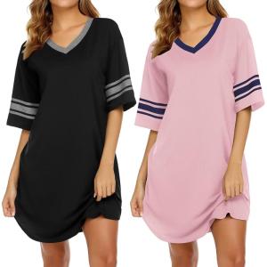 imageEkouaer Nightgowns for Women 2 Pack Sleepshirts Short Sleeve Nightshirt V Neck Sleepwear Casual Pajama DressBlackPink