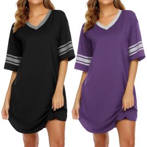 imageEkouaer Nightgowns for Women 2 Pack Sleepshirts Short Sleeve Nightshirt V Neck Sleepwear Casual Pajama DressBlackPurple