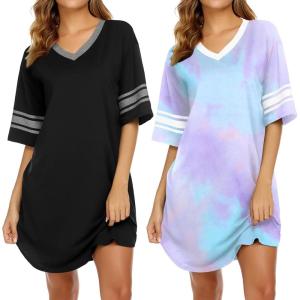 imageEkouaer Nightgowns for Women 2 Pack Sleepshirts Short Sleeve Nightshirt V Neck Sleepwear Casual Pajama DressBlackTie Dye