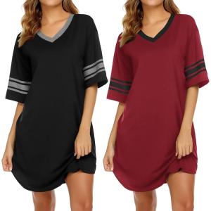 imageEkouaer Nightgowns for Women 2 Pack Sleepshirts Short Sleeve Nightshirt V Neck Sleepwear Casual Pajama DressBlackWine Red