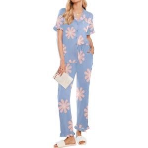 imageEkouaer Ruffle Pajamas for Women Set 2 Piece Button Up Pj Sets Soft Pants Lounge Set LoungewearBlue Flowers