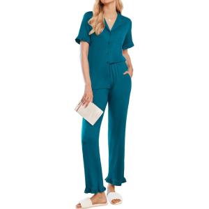 imageEkouaer Ruffle Pajamas for Women Set 2 Piece Button Up Pj Sets Soft Pants Lounge Set LoungewearBlue Green