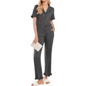 imageEkouaer Ruffle Pajamas for Women Set 2 Piece Button Up Pj Sets Soft Pants Lounge Set LoungewearDark Gray