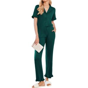 imageEkouaer Ruffle Pajamas for Women Set 2 Piece Button Up Pj Sets Soft Pants Lounge Set LoungewearGreen