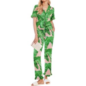 imageEkouaer Ruffle Pajamas for Women Set 2 Piece Button Up Pj Sets Soft Pants Lounge Set LoungewearGreen Palm Leaves