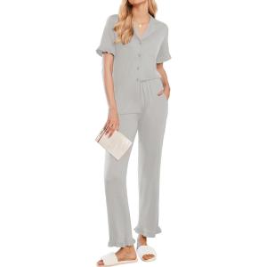 imageEkouaer Ruffle Pajamas for Women Set 2 Piece Button Up Pj Sets Soft Pants Lounge Set LoungewearLight Gray