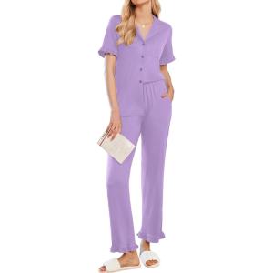 imageEkouaer Ruffle Pajamas for Women Set 2 Piece Button Up Pj Sets Soft Pants Lounge Set LoungewearLilac