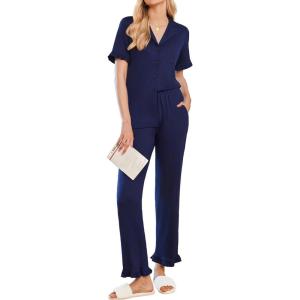 imageEkouaer Ruffle Pajamas for Women Set 2 Piece Button Up Pj Sets Soft Pants Lounge Set LoungewearNavy Blue