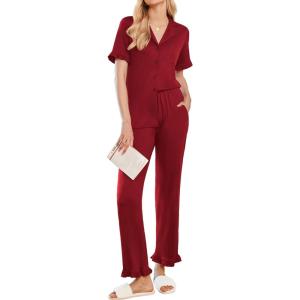 imageEkouaer Ruffle Pajamas for Women Set 2 Piece Button Up Pj Sets Soft Pants Lounge Set LoungewearWine Red