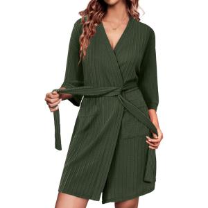 imageEkouaer Waffle Robes for Women Bathrobe Lightweight Knee Length 34 Sleeve Knit Bath Robes Female Loungewear with PocketsArmy Green